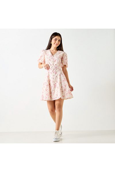 Lee Cooper Lee Cooper Floral Print V-Neck Mini Dress with Belt Detail