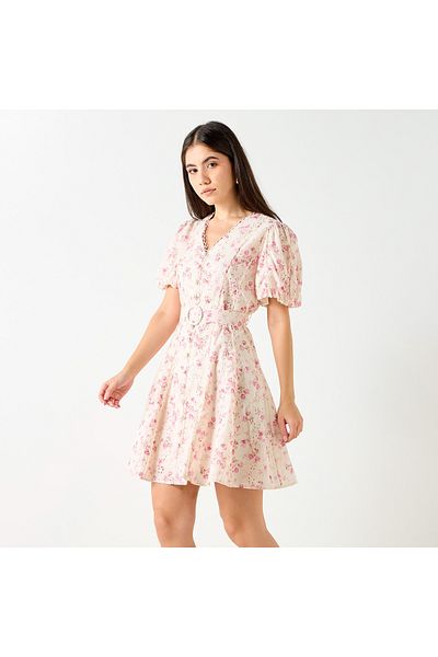 Lee Cooper Lee Cooper Floral Print V-Neck Mini Dress with Belt Detail