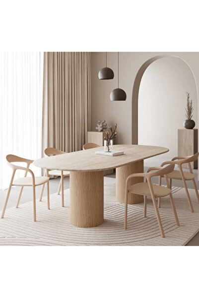 Sümeyra Marble Art LARS - Doğal Traverten Yemek Masası | Ahşap Ayaklı | 90*190cm |