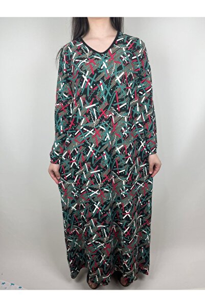 YAŞAR TRİKO Γυναικείο εποχιακό φόρεμα μαμάς με μαύρο πράσινο σχέδιο με μακρυμάνικο μανίκι με λάστιχο στον αστράγαλο