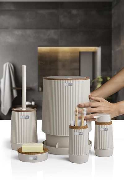 Okyanus Home Σετ μπάνιου Nida Beige με Ξύλινο Μοτίβο Eco 5 τεμαχίων