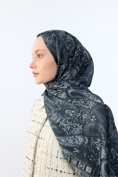 MİRSOY SCARF Ethnic Pattern Shawl Ασιατικό μοτίβο-σκούρο γκρι