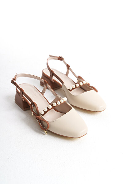 kapretta Kadın Bej İnci Detay Tek Baret Arka Açık Küt Burun Ayakkabı