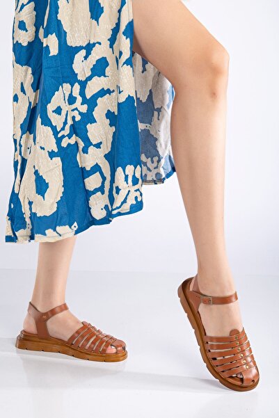 MaskButik Tan Holly Genuine Leather Sandals