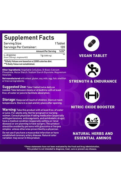 NBL Natural , L-Arginine 1,000 mg, Nitric Oxide Precursor*, Amino Acid, 120 Tablets