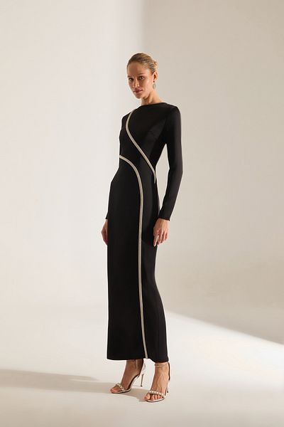 BETTY & SAM Candice Rhinestone Long Sleeve Black Evening Dress