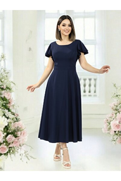 FaBe Fashion KAYIK YAKA KOLLARI VOLANLI SIRTI V MİDİ KREP ELBİSE Nikah-nişan-söz-mezuniyet