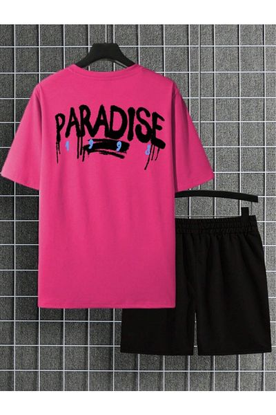 Derays Цветен, удобен мъжки комплект с кръгло деколте с щампа Paradise отзад и отпред