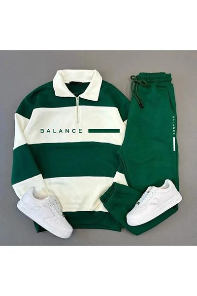 NO 601 Unisex Green Balance Printed Five Piece Stand Collar Sweat Green Sweatpants Set