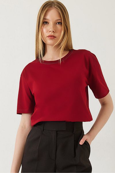 Bianco Lucci Tricou de damă cu cusut decorativ cu gât crew 60602001