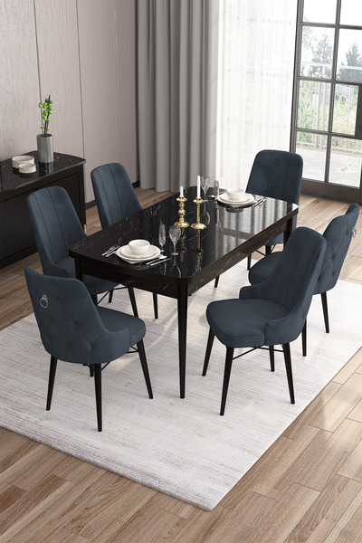 Canisa Are Serisi 80x132 Mdf Açılabilir Siyah Mermer Desen Masa Takımı Ve 6 Antrasit Sandalye