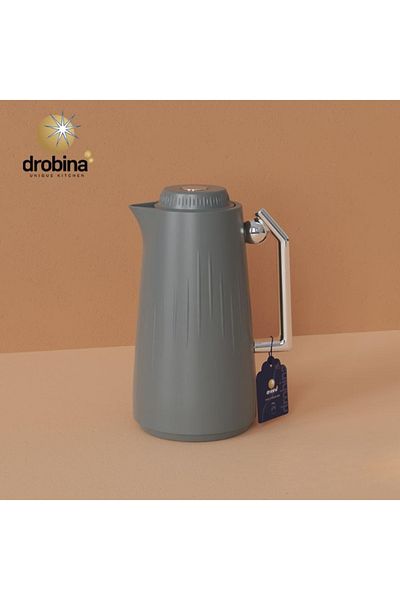 drobina قارورة بلاستيكية للشاي والقهوة سعة 1 لتر، رمادية داكنة، غطاء ذهبي من دروبينا
