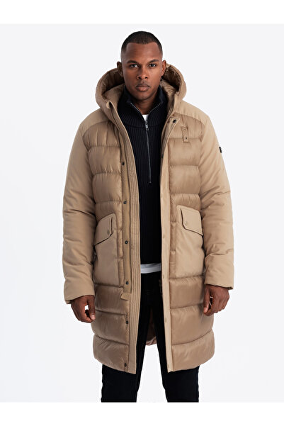 OMBRE Ανδρικό μακρύ καπιτονέ μπουφάν με μεγάλες τσέπες - μπεζ V2 OM-JALJ-0165 XXL