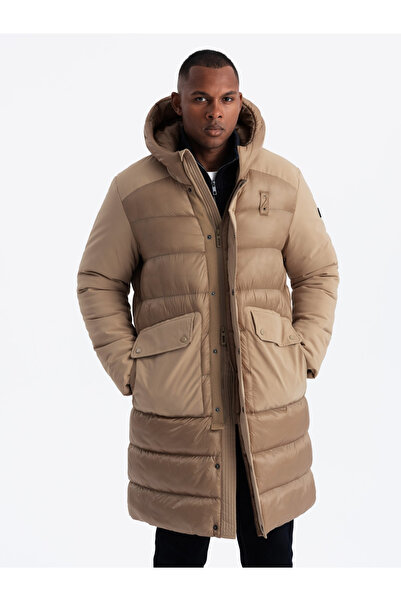 OMBRE Ανδρικό μακρύ καπιτονέ μπουφάν με μεγάλες τσέπες - μπεζ V2 OM-JALJ-0165 XXL