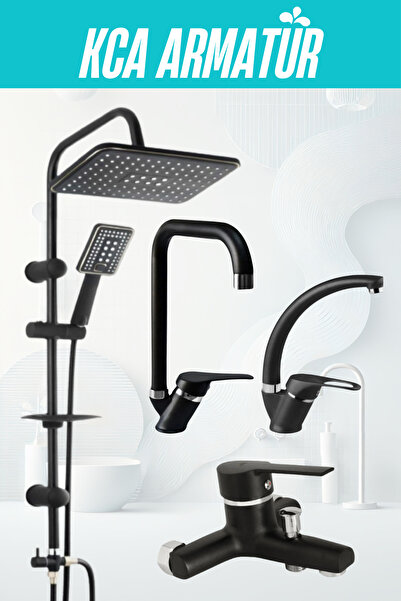 KCA ARMATÜR Siyah Robot Tepe Yağmurlama Banyo-mutfak-lavabo Bataryası Musluğu Çeşmesi 4' Lü Set Paslanmaz