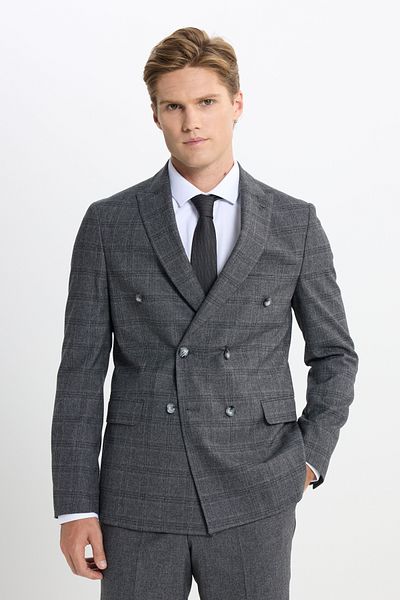 ALTINYILDIZ CLASSICS Men's Anthracite Slim Fit Slim Fit Swallow Neck Check Flap Pocket Stretchy Suit