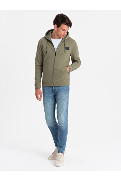 OMBRE Rozepnutá pánská mikina s kapucí a nášivkou - olivová V4 OM-SSZP-0140 S