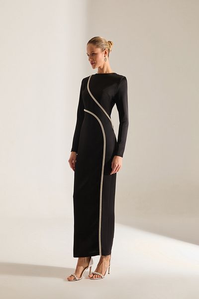 BETTY & SAM Candice Rhinestone Long Sleeve Black Evening Dress