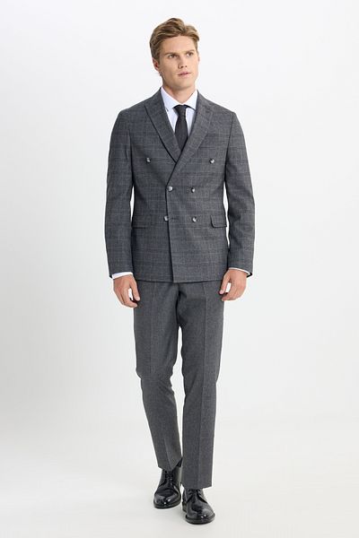 ALTINYILDIZ CLASSICS Men's Anthracite Slim Fit Slim Fit Swallow Neck Check Flap Pocket Stretchy Suit
