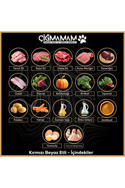 Çiğmamam Doğal Kedi ve Köpek Maması Kırmızı Ve Bayaz Etli Tahılsız 3.250 Gr. 271 gr 12 Adet Çiğmamam Barf Köpek Maması