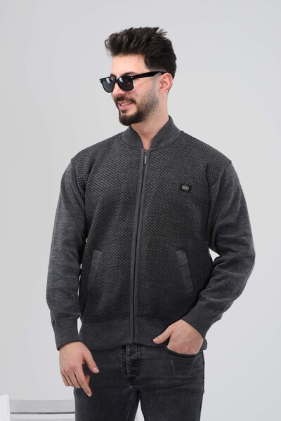 HEDEFNUR TEKSTİL Tricotaj gri pentru bărbați și de vârstă mijlocie, tricotat cu căptușeală interioară din acril, cu fermoar, cardigan de iarnă pentru tată