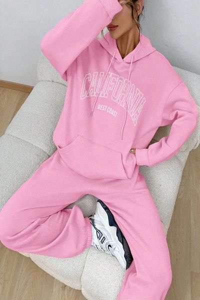 MANCY California Pink Printed Oversize 3 Thread Hooded Tracksuit Set