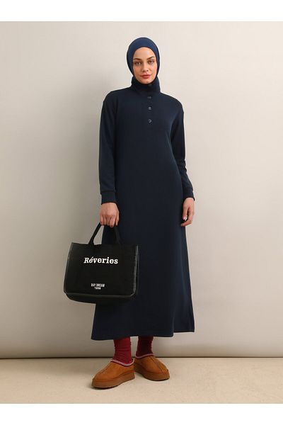 Benin Snap Λεπτομερές φόρεμα Hijab με μαλακές κούμπες - Navy Blue -
