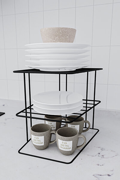 EVA METAL TASARIM Černý 2dílný držák talířů 3patrový vestavěný talíř Kuchyňský a stolní organizér Police