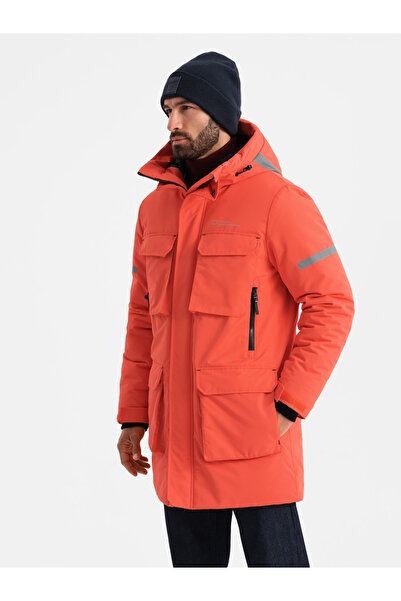 OMBRE Pánská dlouhá zateplená bunda s reflexními prvky - oranžová V1 OM-JALJ-0169 XXL