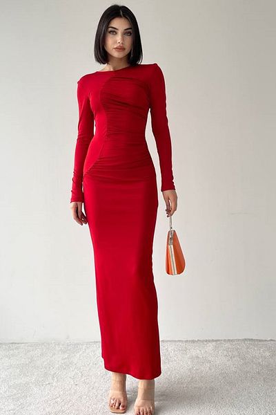 barış sülün lovebox Women's Stretchy Sandy Fabric Drawstring Detail Midi Red Dress 332