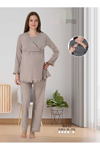 Lohussa Γυναικείο Σετ Πιτζάμες Μητρότητας Μπεζ Δαντέλα Ειδικού Σχεδίου Βαμβακ...