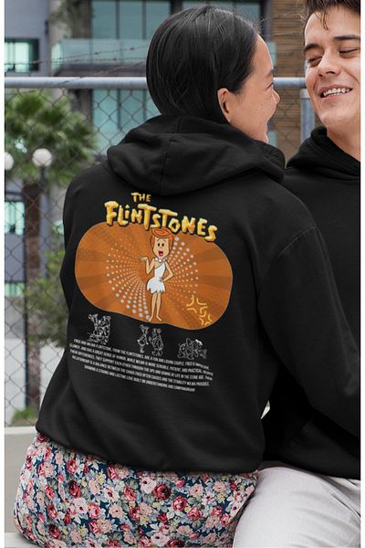 Fuddy Moda Oversize Vilma Flintstone Back Printed Hooded Couple Sweatshirt, Unisex Lover Couple Themed Hoodie