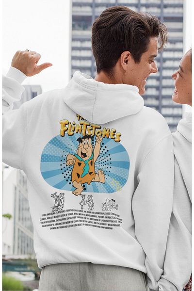 Fuddy Moda Oversize Fred Flintstone Back Printed Hooded Couple Sweatshirt, Unisex Lover Couple Themed Hoodie