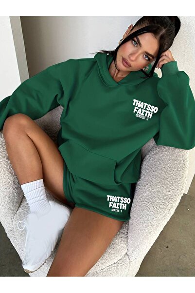 MANCY Women's Thatsoo Printed Oversize 3 Thread Hooded Sweatshirt Shorts Set