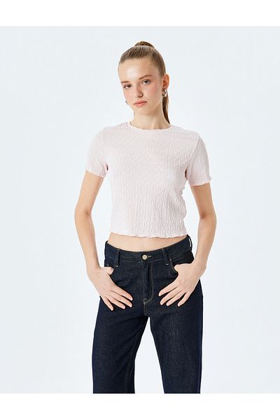 Koton Short Sleeve Crew Neck Textured Crop T-Shirt Bürümcük
