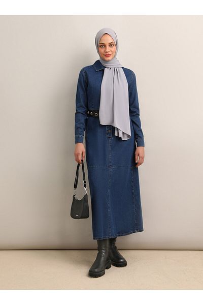 Refka Μπλε Navy Refka Τζιν Hijab Φόρεμα - Λεπτομέρεια με κουμπιά και ζώνη