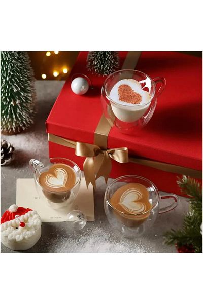 bimbambom 250ml Hearted Glass Mug - Double Glazed, Double Walled, Thermal Insulated, Double Layer Home Office Cup