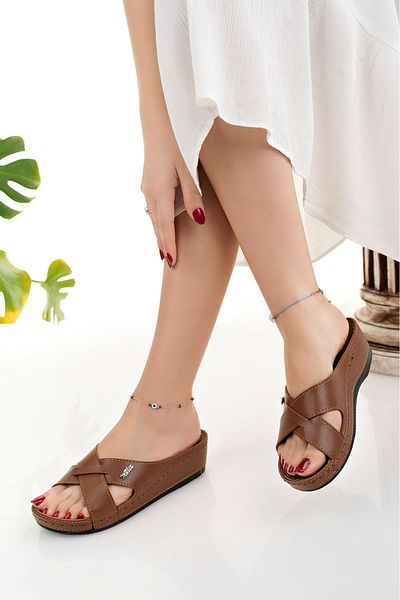 epaavm Orthopedic Sole Cross Band Tan Women's Slippers