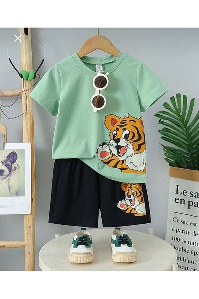 NoVibe Aqua Green Top and Bottom Set with Teddy Bear Shorts Ages 2 to 14