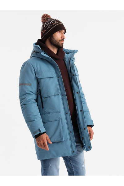 OMBRE Zateplená dlouhá pánská bunda s reflexními prvky - modrá V4 OM-JALJ-0169 XXL