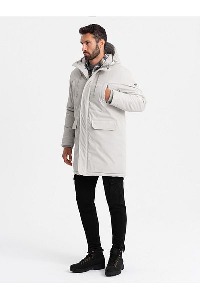 OMBRE Μακρύ κλασικό ανδρικό μπουφάν parka - κρεμ V1 OM-JALJ-0166 XXL