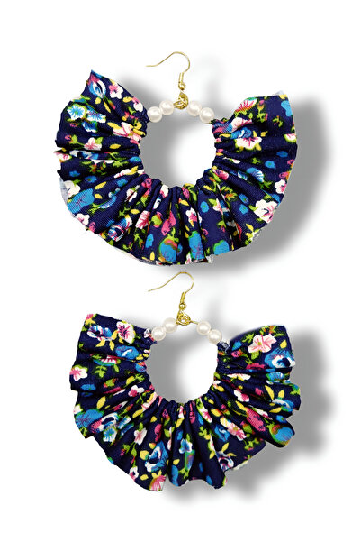 maia Navy Blue Colored Floral Fabric Pearl Design Dangle Earrings