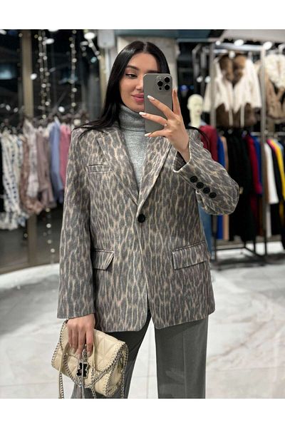 missswans Μπεζ μπουφάν Lorika Leopard Print Blazer - Λεπτομέρεια με κουμπιά και τσέπη