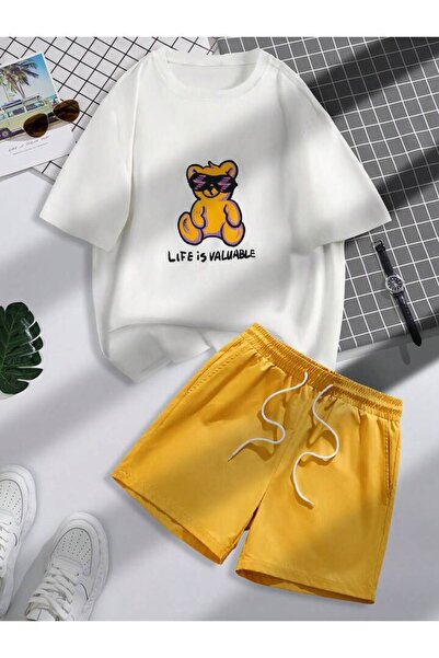 NoVibe Children's Teddy Bear Printed T-Shirt and Shorts Top and Bottom Set