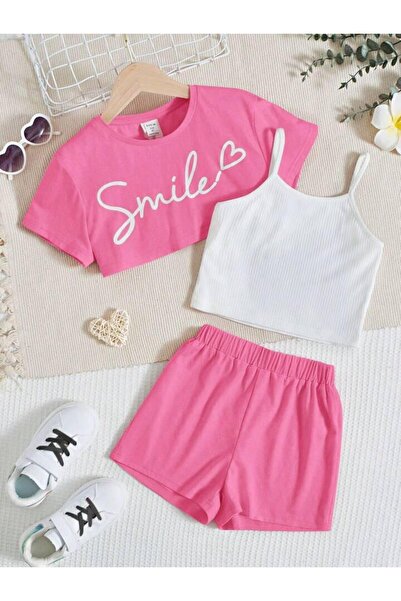 NoVibe Crop pentru copii Smile cu imprimeu cu tricou bretele și pantaloni scu...