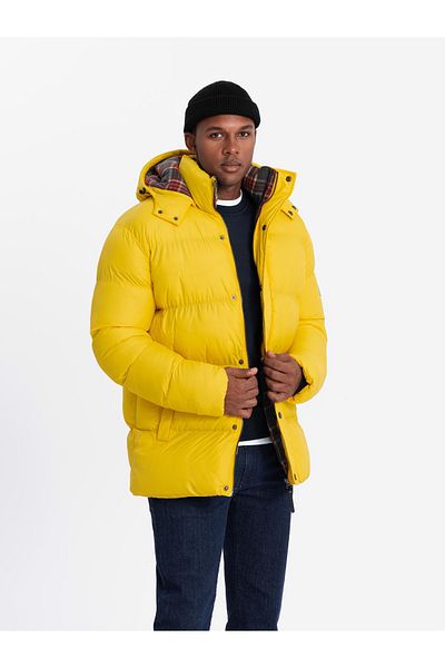 OMBRE Ανδρικό puffer jacket με φόδρα καρέ - κίτρινο V3 OM-JAHP-0205 XL
