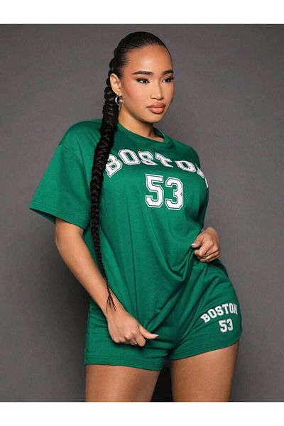 NoVibe Unisex Large Size Boston Printed Top and Bottom Set Cotton Shorts T-Shirt Set