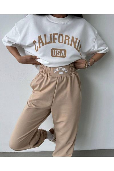 MANCY Plus Size Women's High Waist California USA Printed Tracksuit T-shirt Summer Suit