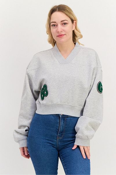 Esprit Women V Neck Long Neck Long Sleeve Graphic Sweatshirt, Grey Combo