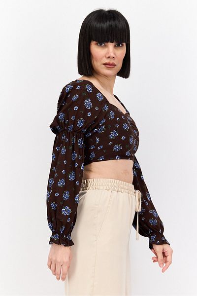 Monki Women Square Neck Long Sleeves Floral Printed Top, Brown Combo